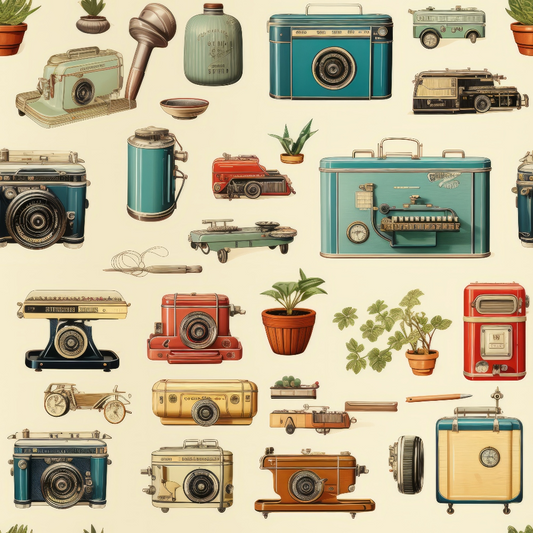 Patterned image featuring vintage cameras, radios, toy vehicles, and potted plants on a cream background.