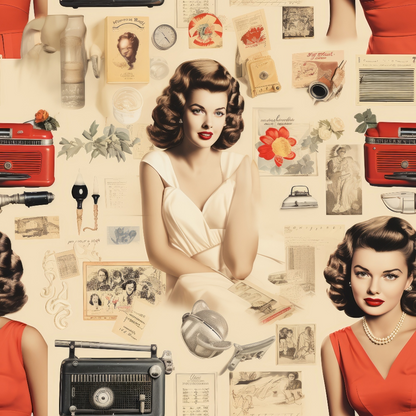 Vintage-style collage featuring a woman in a white dress and red lipstick, radios, floral elements, and retro household items on a beige background.