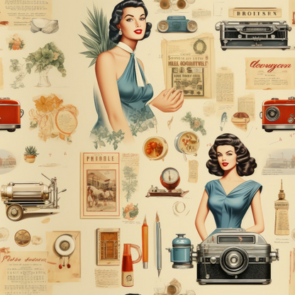 Vintage-themed collage featuring women in blue dresses, old cameras, radios, typewriters, and assorted nostalgic items on a beige background.