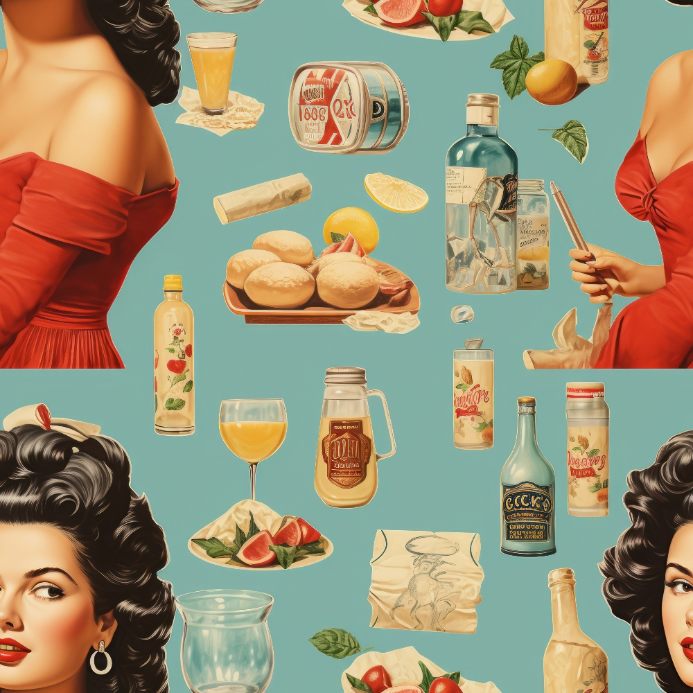 Vintage-style collage featuring a woman in a red dress, various food and drink items, including burgers, drinks, and condiments, on a teal background.