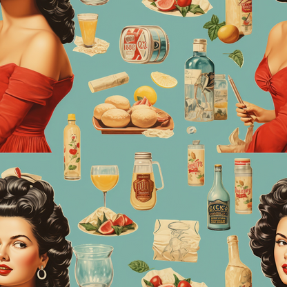 Vintage-style collage featuring a woman in a red dress, various food and drink items, including burgers, drinks, and condiments, on a teal background.