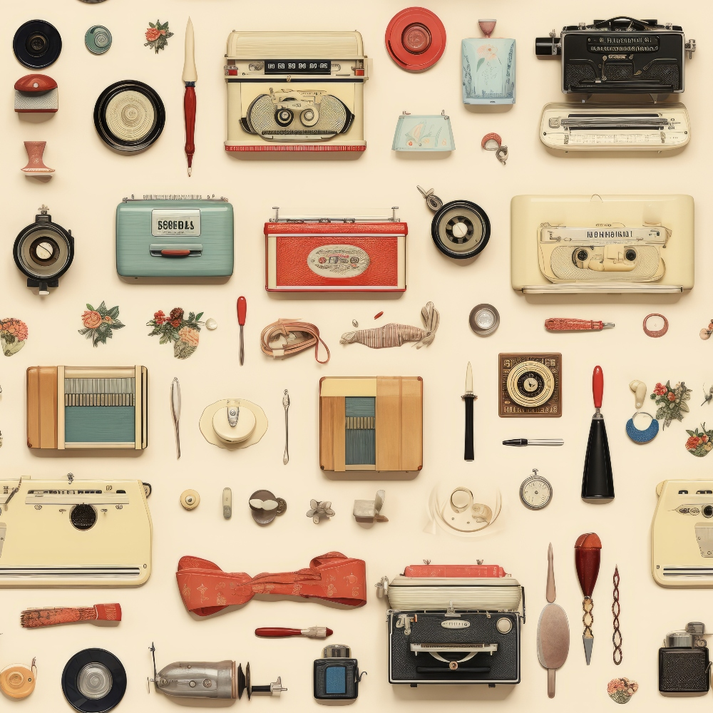 An assortment of vintage items, including radios, typewriters, cameras, and grooming tools, arranged neatly on a light beige background.