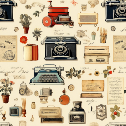 A patterned image featuring vintage items like cameras, typewriters, radios, and plants on a cream background.