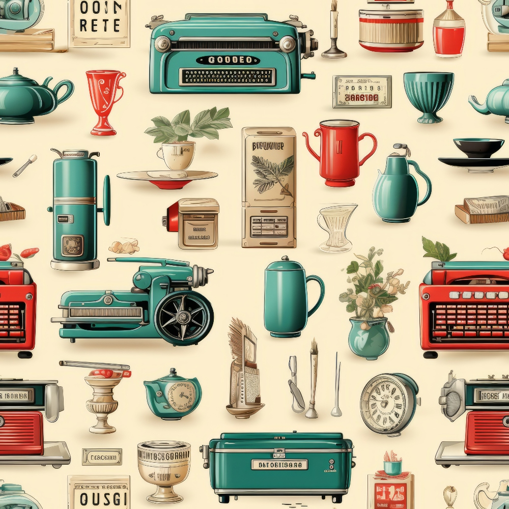 Patterned image of vintage household items, including typewriters, kettles, radios, scales, and coffee pots, arranged on a light background.