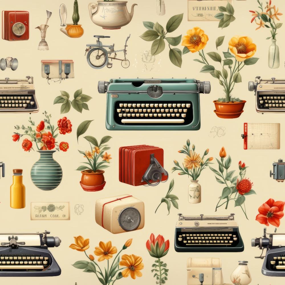 Vintage pattern featuring typewriters, cameras, flowers, vases, and bicycles on a beige background.