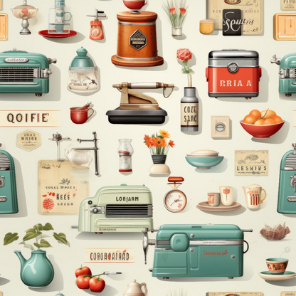 Vintage kitchen appliances, crockery, and food items arranged in a seamless pattern.