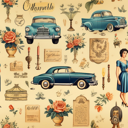 Vintage-themed illustration featuring blue classic cars, roses, candles, a woman in a blue dress, and various decorative elements on a beige background.