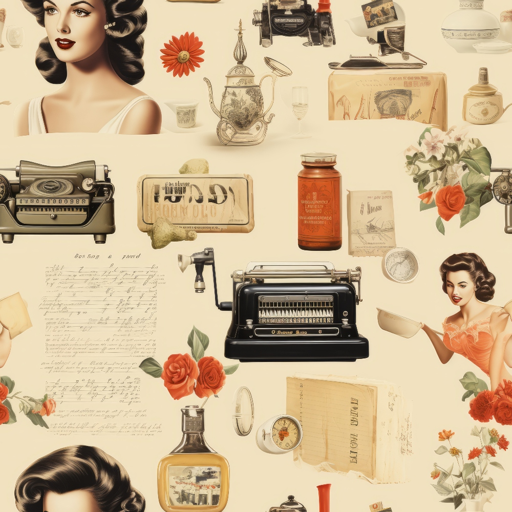 Vintage collage with typewriters, teapots, perfume, flowers, and women.