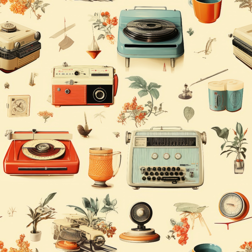 Retro-themed illustration featuring vintage radios, record players, typewriters, plants, and other objects arranged on a light background.