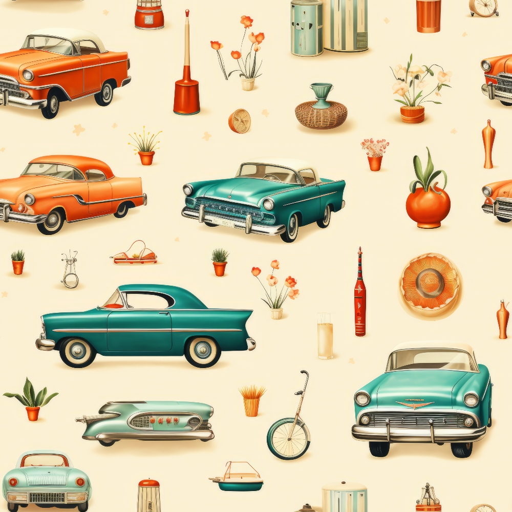 Vintage pattern featuring classic cars, vases, clocks, bicycles, and plants on a light background.