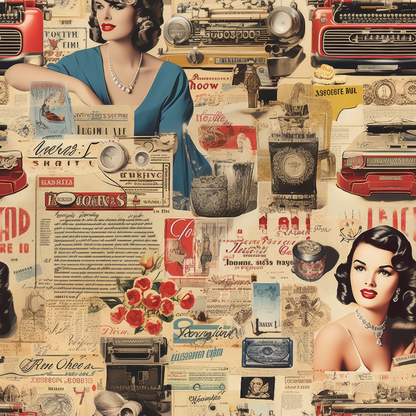 vintage collage, pin-up women, retro radios, typewriters, newspaper clippings, red roses, beige background, cream tones, crimson red, teal blue, antique advertisements, 1940s style, nostalgic imagery, quilting cotton, fabric panel, sepia tones, mixed media design, retro glamour, vintage ephemera, crafting material