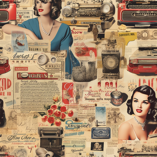 Vintage collage featuring retro advertising, women in classic attire, typewriters, and floral elements, evoking mid-20th-century style and nostalgia.