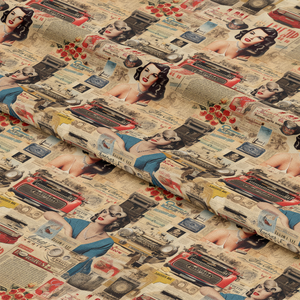 Antique Pieces Pattern 6 Quilting Cotton Fabric featuring vintage illustrations, retro typewriter, classic portraits, old advertisements, sepia tones, beige background, red and blue accents, vintage style, cotton textile, quilting material.