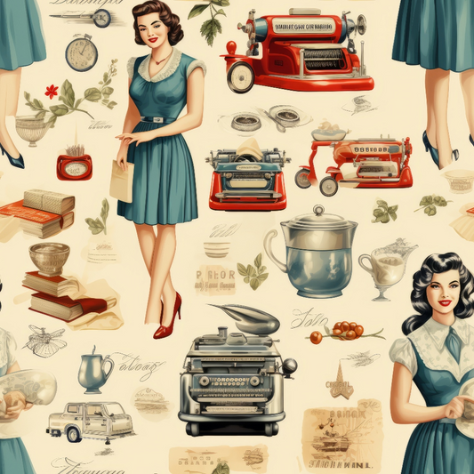 Vintage illustration collage with women in 1950s attire, typewriters, mixers, and floral elements on a cream background.