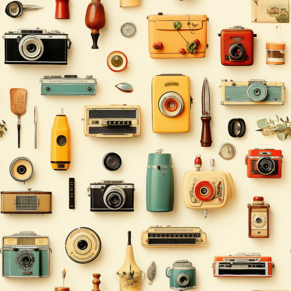 A collection of vintage cameras, radios, and miscellaneous gadgets arranged on a light background.