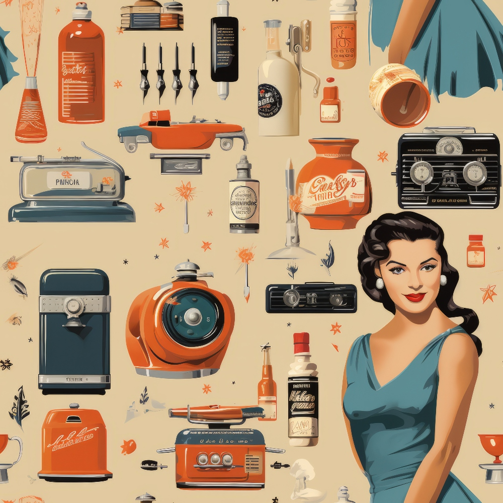 Retro collage featuring a woman in a blue dress surrounded by vintage kitchen appliances, bottles, and food items in a mid-century style.