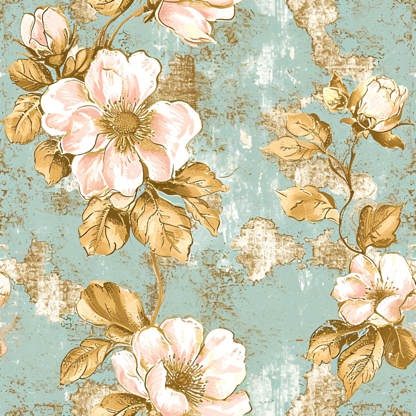 Antique Linocut Stenciled Pastel Florals Pattern 19 Quilting Cotton Fabric