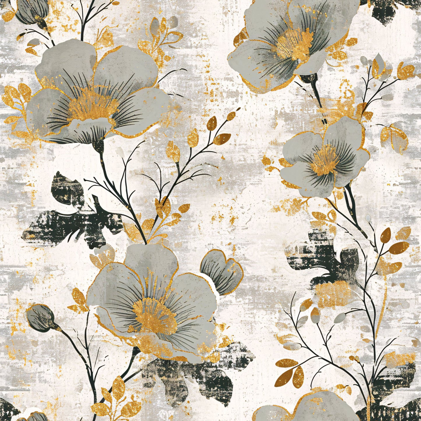 Antique Linocut Stenciled Pastel Florals Pattern 8 Quilting Cotton Fabric