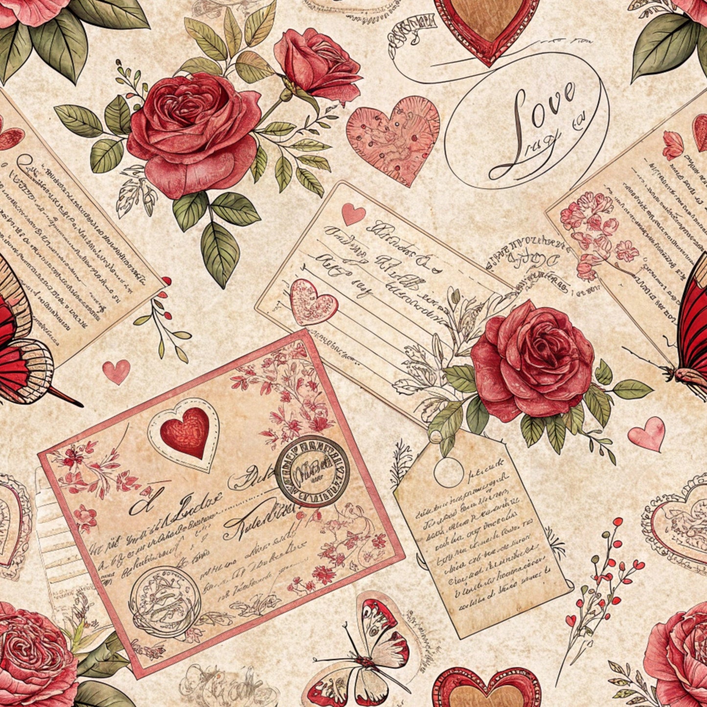 Antique Valentine Postcards Pattern 2 Quilting Cotton Fabric