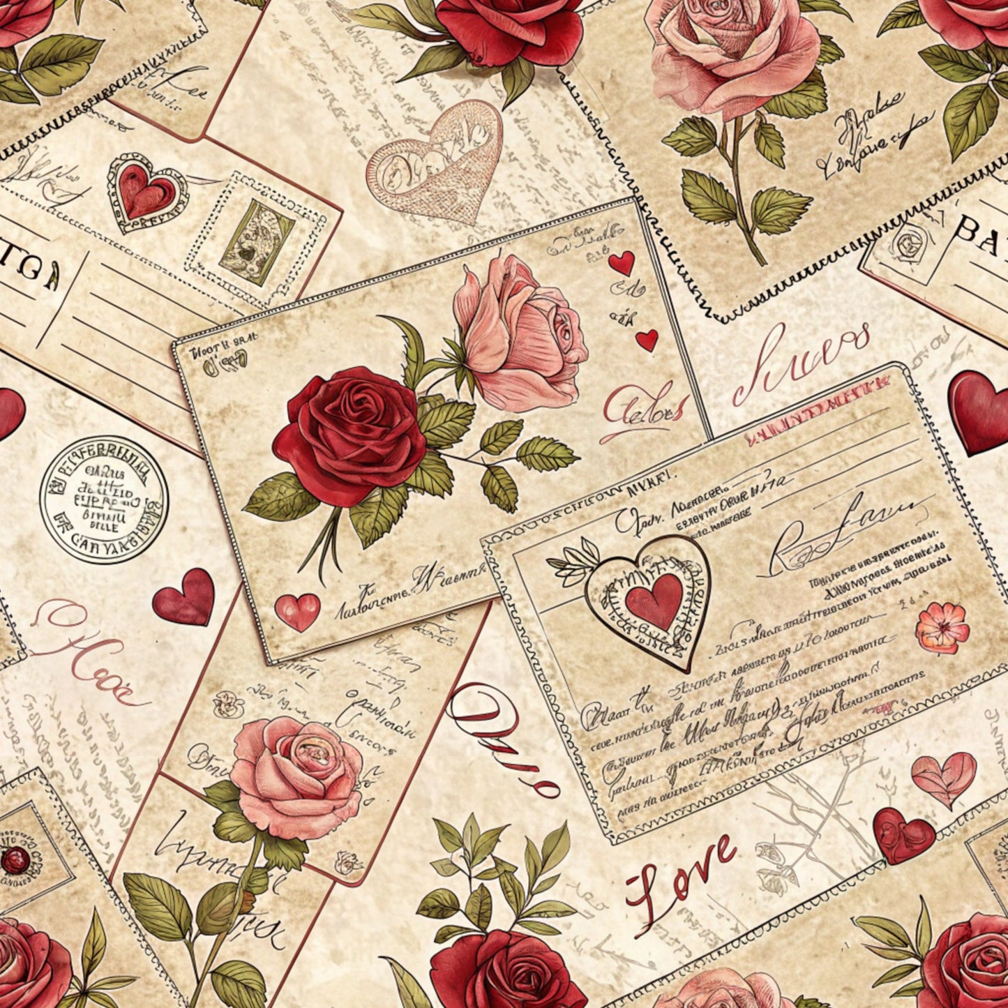 Antique Valentine Postcards Pattern 3 Quilting Cotton Fabric