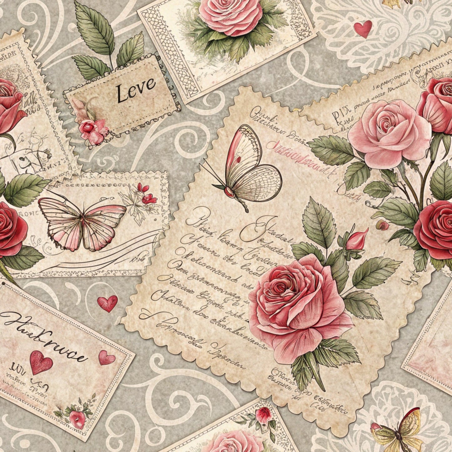 Antique Valentine Postcards Pattern 5 Quilting Cotton Fabric