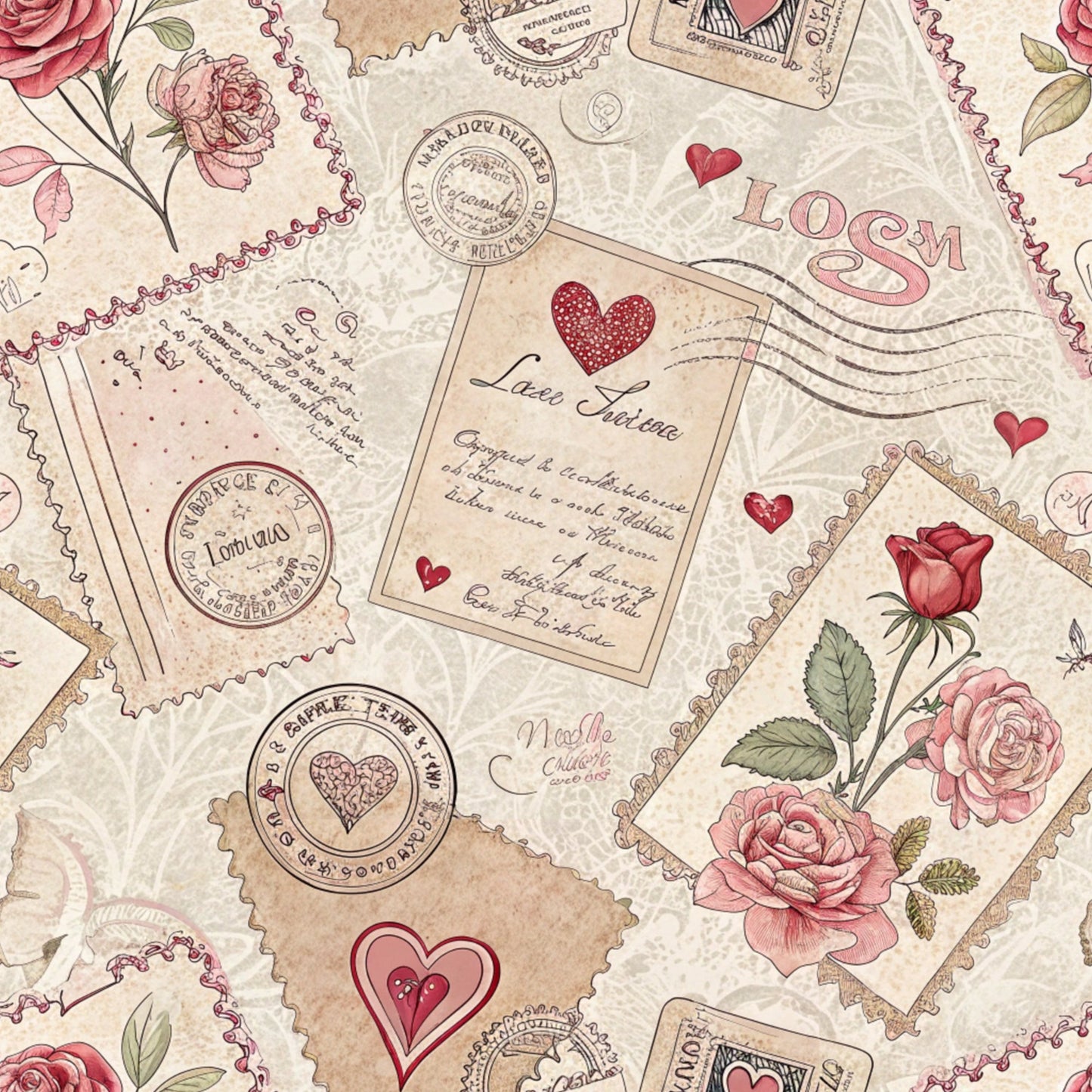 Antique Valentine Postcards Pattern 6 Quilting Cotton Fabric