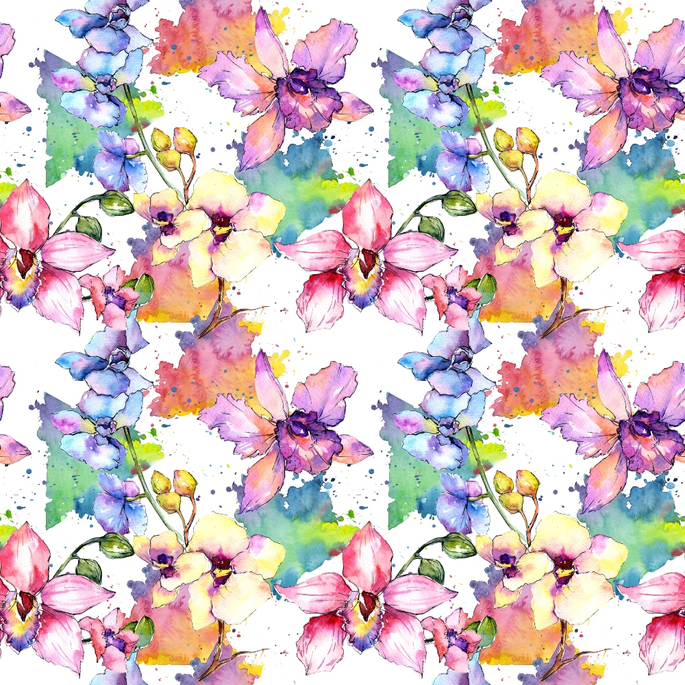 Aquarelle Orchid Flowers Pattern Quilting Cotton Fabric