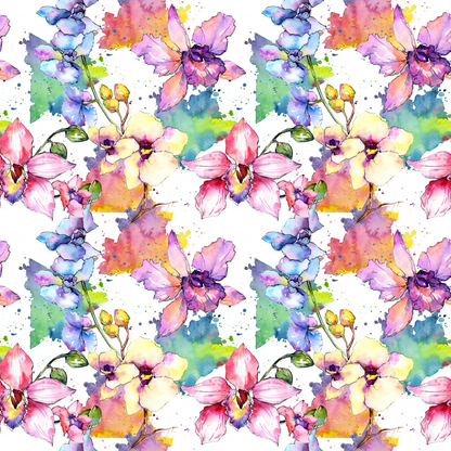 Aquarelle Orchid Flowers Pattern Quilting Cotton Fabric