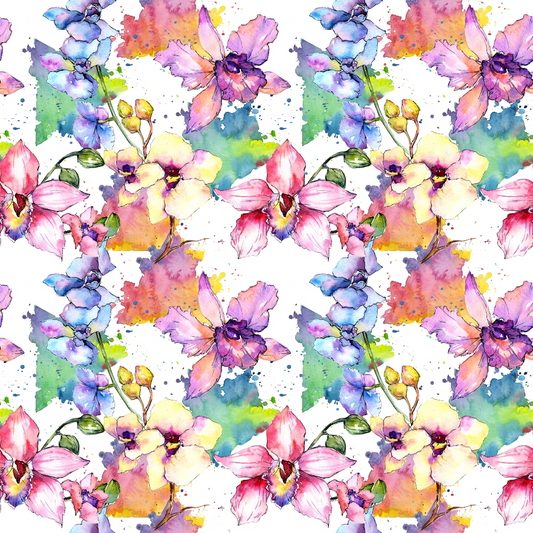 Aquarelle Orchid Flowers Pattern Quilting Cotton Fabric