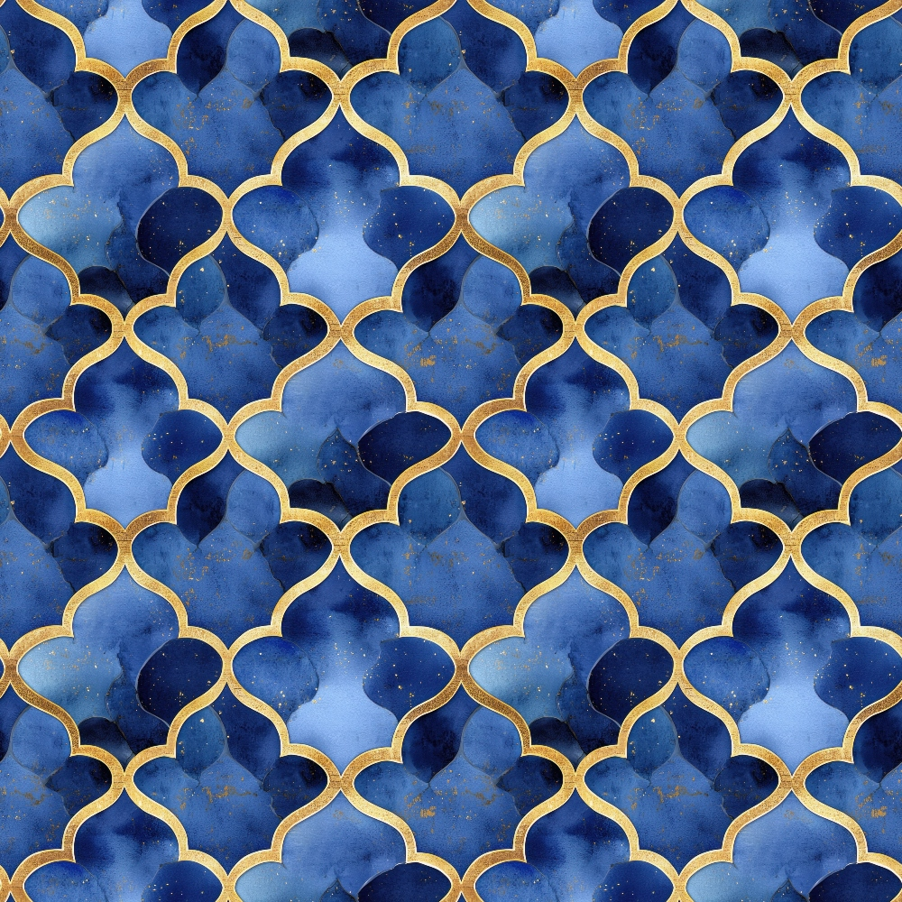 navy blue, royal blue, gold accents, moroccan pattern, quatrefoil design, geometric shapes, arabian motif, watercolor effect, islamic architecture, ornate pattern, repeating design, quilting cotton, fabric panel, midnight blue, decorative lattice, intricate geometry, flowing curves, luxurious appearance, oriental style, tessellation pattern