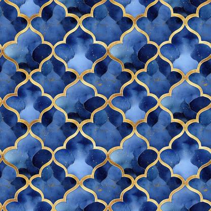 navy blue, royal blue, gold accents, moroccan pattern, quatrefoil design, geometric shapes, arabian motif, watercolor effect, islamic architecture, ornate pattern, repeating design, quilting cotton, fabric panel, midnight blue, decorative lattice, intricate geometry, flowing curves, luxurious appearance, oriental style, tessellation pattern