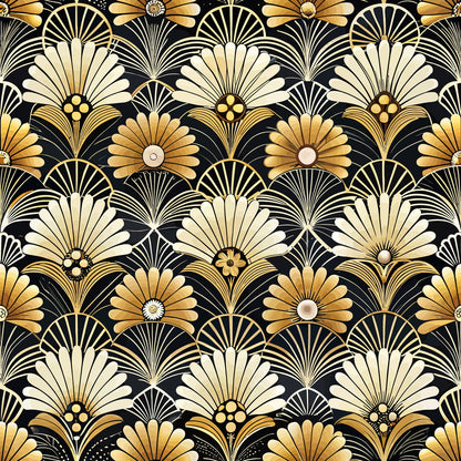 art deco, floral pattern, geometric flowers, black background, gold petals, cream colored, fan shapes, radiating design, stylized blooms, quilting cotton, fabric panel, vintage style, 1920s inspired, decorative motifs, repetitive pattern, luxurious feel, elegant design, botanical elements, sunburst pattern, ornamental flowers