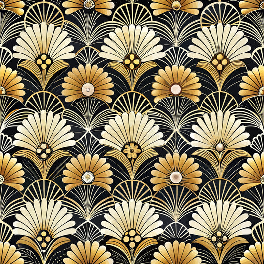 art deco, floral pattern, geometric flowers, black background, gold petals, cream colored, fan shapes, radiating design, stylized blooms, quilting cotton, fabric panel, vintage style, 1920s inspired, decorative motifs, repetitive pattern, luxurious feel, elegant design, botanical elements, sunburst pattern, ornamental flowers