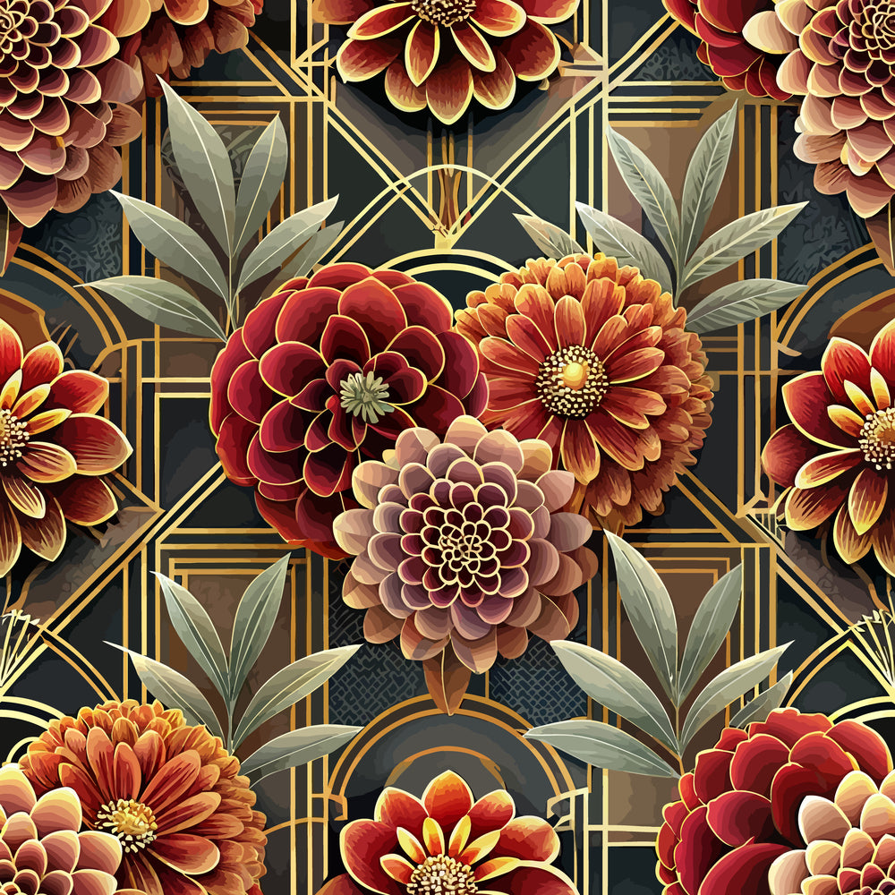 art deco, floral pattern, geometric lines, burgundy flowers, orange blooms, gold accents, sage green leaves, dark background, dahlia flowers, quilting cotton, fabric panel, vintage style, elegant florals, warm tones, repeating pattern, botanical design, luxurious feel, autumn colors, decorative motifs