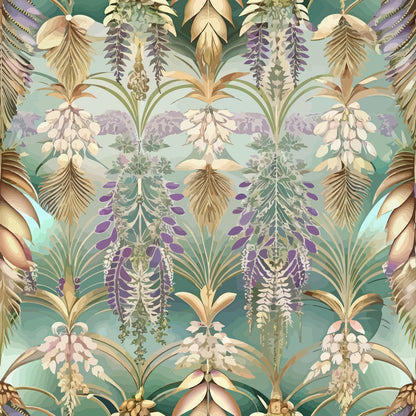 art deco, tropical florals, jade green, purple accents, cream flowers, gold leaves, palm fronds, wisteria blooms, geometric pattern, vintage botanical, quilting cotton, fabric panel, exotic plants, hanging flowers, stylized foliage, repeating motif, jewel tones, decorative florals, 1920s style, ornate design