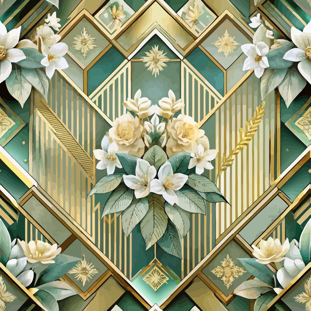 art deco, geometric patterns, emerald green, gold accents, cream white, floral motifs, roses, lilies, botanical elements, chevron designs, striped patterns, metallic details, diamond shapes, vintage style, elegant florals, quilting cotton, fabric panel, luxurious aesthetic, symmetrical design, ornate decoration