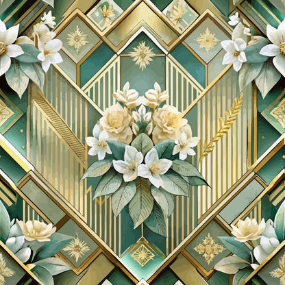 art deco, geometric patterns, emerald green, gold accents, cream white, floral motifs, roses, lilies, botanical elements, chevron designs, striped patterns, metallic details, diamond shapes, vintage style, elegant florals, quilting cotton, fabric panel, luxurious aesthetic, symmetrical design, ornate decoration