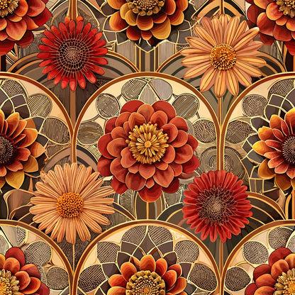 art deco, floral pattern, quilting cotton, fabric panel, geometric flowers, orange blooms, red flowers, peach petals, golden accents, brown background, vintage style, decorative circles, stylized florals, warm autumn colors, repeating motif, botanical design, retro aesthetic, ornamental pattern, crafting fabric, sewing material