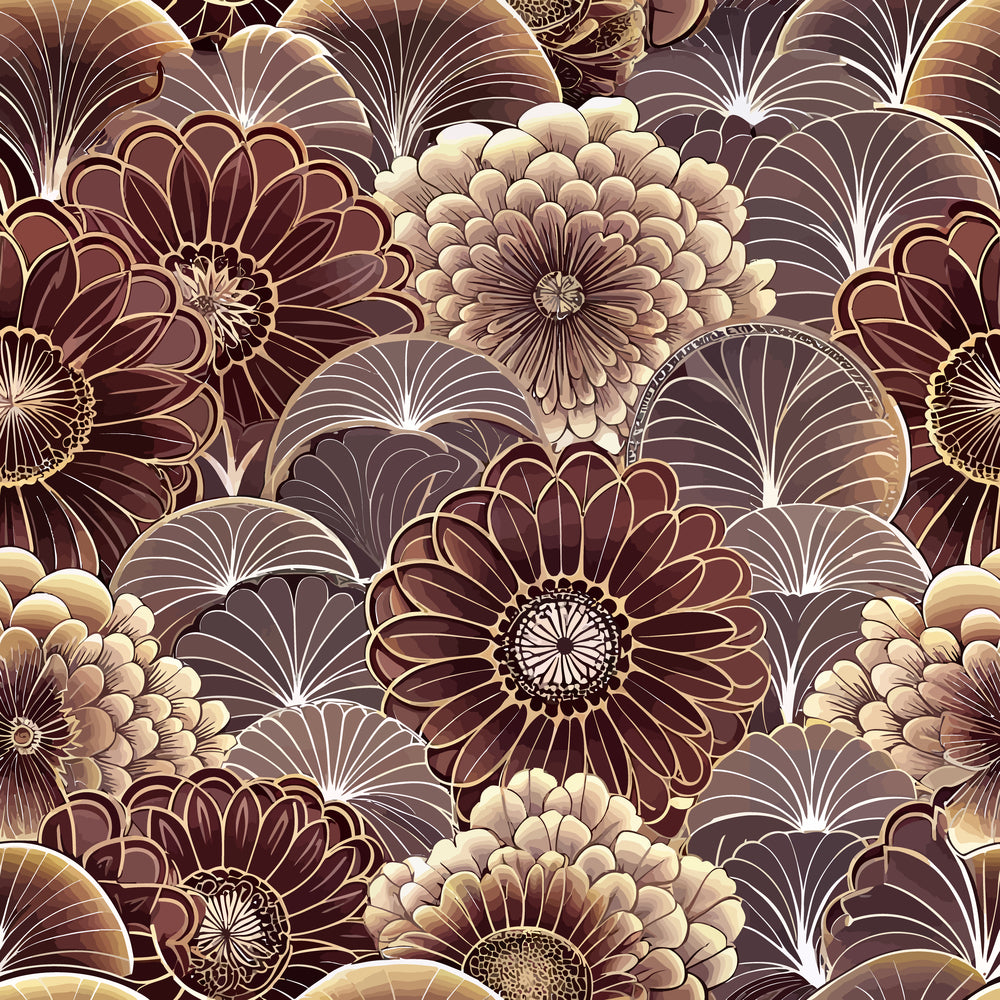 art deco, floral pattern, brown tones, beige hues, cream colors, geometric flowers, stylized blooms, fan motifs, radiating petals, vintage style, quilting cotton, fabric panel, repetitive design, ornate florals, decorative pattern, luxurious aesthetic, sophisticated motifs, layered petals, intricate details, warm palette