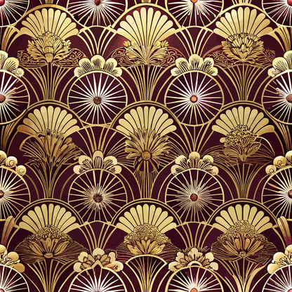 burgundy, gold, cream, art deco, fan motifs, scalloped pattern, geometric florals, radiating lines, ornate details, vintage style, repeating design, luxurious, elegant, quilting cotton, fabric panel, floral elements, decorative arches, symmetrical pattern, rich colors, stylized flowers