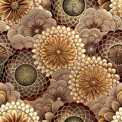art deco, floral pattern, brown tones, cream colors, burgundy accents, geometric flowers, stylized blooms, vintage motif, quilting cotton, fabric panel, repeating design, ornate florals, retro style, warm palette, decorative circles, layered petals, intricate details, seamless pattern