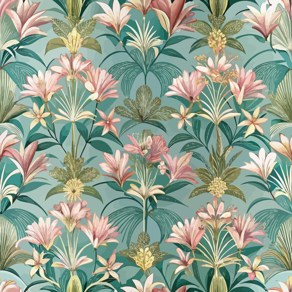 mint green, coral pink, sage green, cream, tropical flowers, lilies, pineapples, palm fronds, art deco style, botanical pattern, vintage floral, quilting cotton, fabric panel, tropical motifs, layered foliage, exotic blooms, retro aesthetic, jungle paradise, cotton fabric, repeating pattern