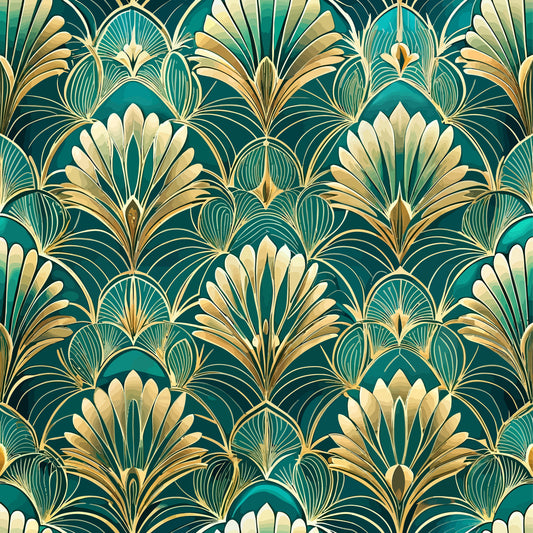 emerald green, gold, cream, art deco, floral pattern, fan motifs, geometric florals, stylized leaves, peacock feathers, ornate design, 1920s style, elegant motifs, quilting cotton, fabric panel, sophisticated pattern, decorative elements, vintage inspired, luxurious appearance, repeating pattern