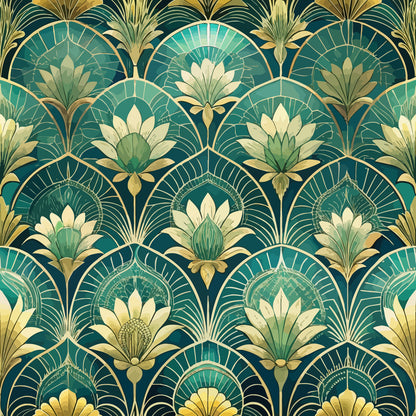 art deco, emerald green, teal, gold accents, cream white, geometric florals, fan motifs, lotus flowers, stylized blooms, radiating patterns, vintage style, elegant design, quilting cotton, fabric panel, luxurious feel, 1920s inspired, decorative motifs, botanical elements, sophisticated pattern, jewel tones