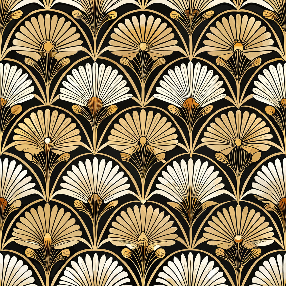 art deco, geometric florals, fan motifs, shell patterns, black background, gold accents, cream colored, beige tones, repeating pattern, stylized flowers, vintage style, quilting cotton, fabric panel, 1920s inspired, radiating design, scalloped edges, luxurious appearance, ornate details, symmetrical layout