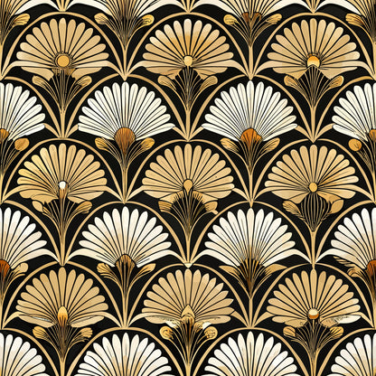 art deco, geometric florals, fan motifs, shell patterns, black background, gold accents, cream colored, beige tones, repeating pattern, stylized flowers, vintage style, quilting cotton, fabric panel, 1920s inspired, radiating design, scalloped edges, luxurious appearance, ornate details, symmetrical layout