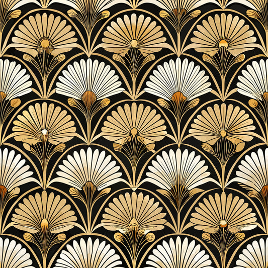 art deco, geometric florals, fan motifs, shell patterns, black background, gold accents, cream colored, beige tones, repeating pattern, stylized flowers, vintage style, quilting cotton, fabric panel, 1920s inspired, radiating design, scalloped edges, luxurious appearance, ornate details, symmetrical layout