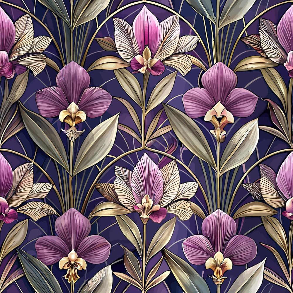 purple orchids, art deco florals, deep navy background, mauve petals, golden accents, geometric circles, tropical flowers, elegant blooms, vintage botanical, quilting cotton, fabric panel, sophisticated pattern, luxurious design, floral motifs, ornate leaves, repeating design, jewel tones, decorative flowers, stylized orchids, rich purples