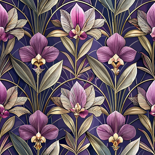purple orchids, art deco florals, deep navy background, mauve petals, golden accents, geometric circles, tropical flowers, elegant blooms, vintage botanical, quilting cotton, fabric panel, sophisticated pattern, luxurious design, floral motifs, ornate leaves, repeating design, jewel tones, decorative flowers, stylized orchids, rich purples