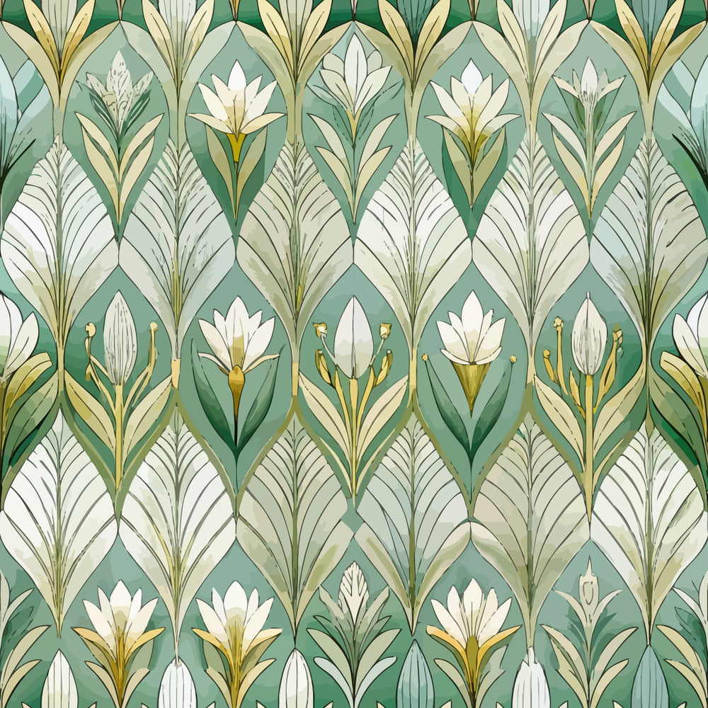 sage green, cream white, golden yellow, art deco pattern, floral motifs, lotus flowers, geometric diamonds, stylized leaves, elegant design, botanical elements, repeating pattern, quilting cotton, fabric panel, vintage style, ornate florals, symmetrical design, decorative motifs, soft palette, crafting fabric